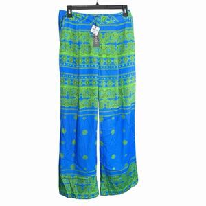NWT Gracia Wide Leg Pants Green Blue Women's M Vacation Travel Resortwear Artsy
